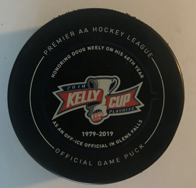 Adirondack Thunder ECHL Official Game Puck 2019 Playoff Logo - Doug Neely (2019; 2 Games) [Hash Mark Set]
