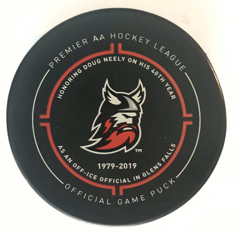 Adirondack Thunder Official Game Puck ECHL Alternate Logo - Doug Neely (2018-19) [Hash Mark Set]