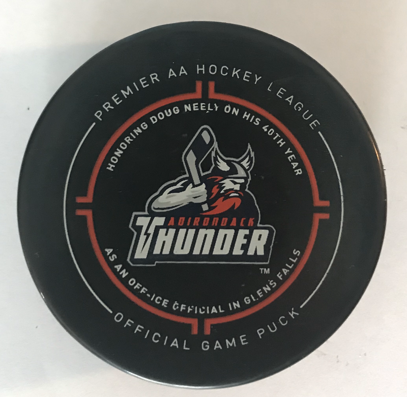 Adirondack Thunder ECHL Official Game Puck Full Logo - Doug Neely (2018-19) [Hash Mark Set]